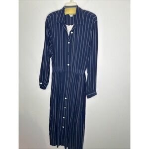 Leslie Fay Vintage Dress Blue White Striped Long Sleeve Size 14 Button Down